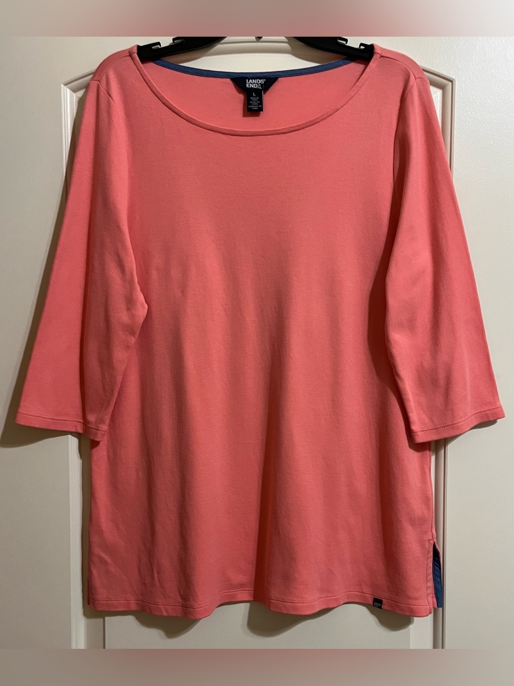 Lands' End Women's Coral Pink 3/4 Sleeve 100% Pima Cotton Top Blouse Large